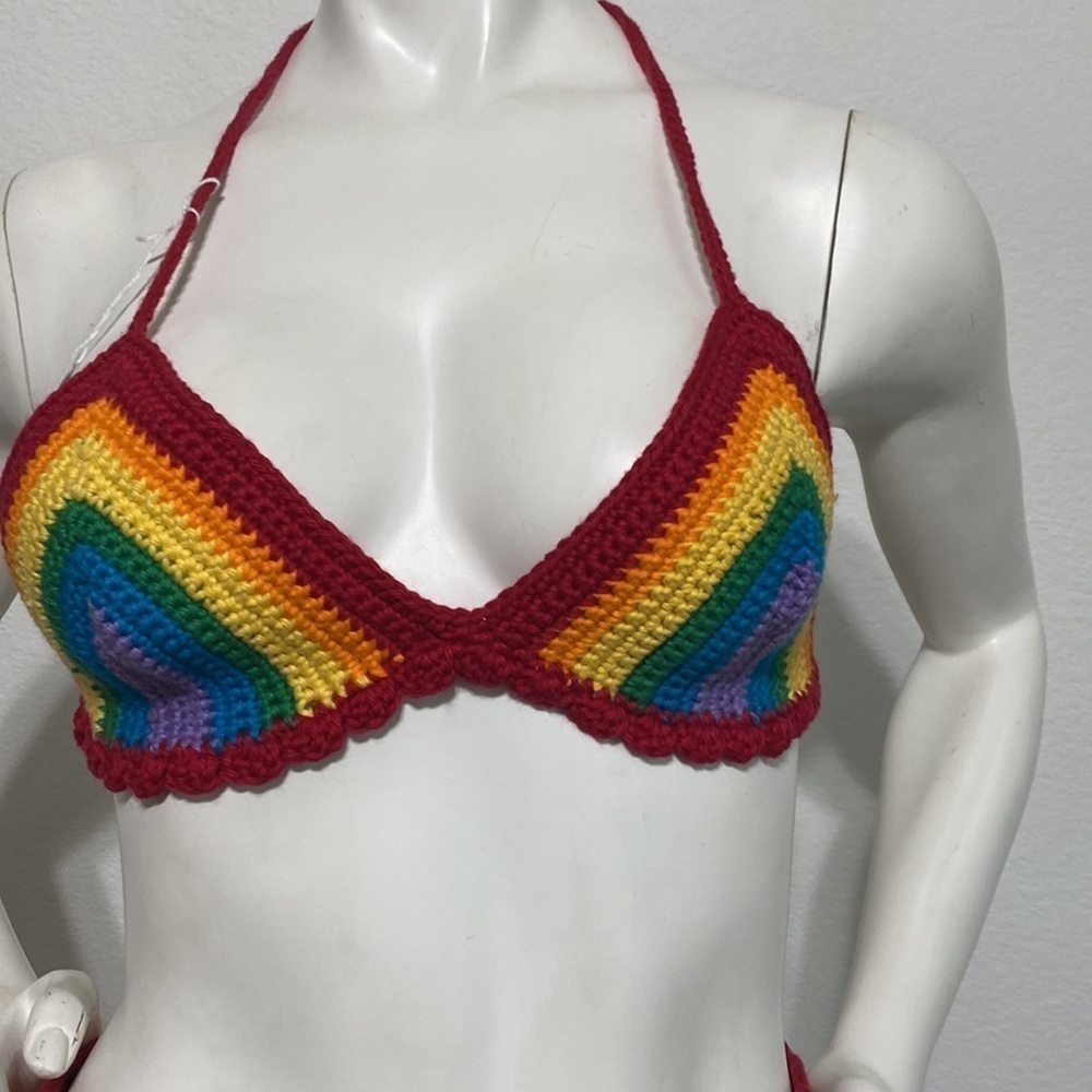 Hand Crochet “NEW” 70’s Coachella Festival Pride Multicolor Short Set Size S - Picture 5 of 5